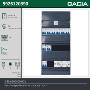 GACIA G63a-200800-BC2, 1-fase groepenkast 63A met aardlekautomaten, 8-groepen, beltrafo, 2V-contactdoos, technische gegevens