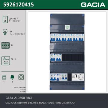 GACIA G63a-210800-FBC1, 1-fase groepenkast 63A met aardlekautomaten, 9-groepen, fornuisgroep, beltrafo, 1V-contactdoos, technische gegevens