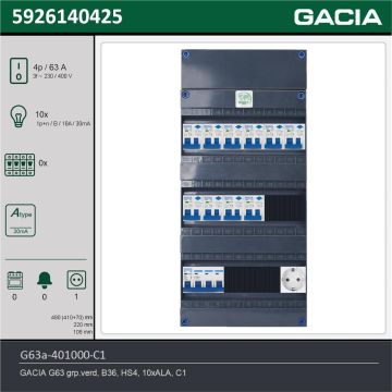 GACIA G63a-401000-C1, 3-fase groepenkast 63A met aardlekautomaten, 10-groepen, 1V-contactdoos, technische gegevens