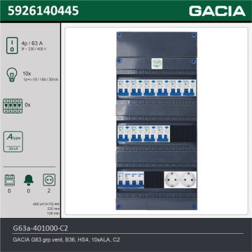 GACIA G63a-401000-C2, 3-fase groepenkast 63A met aardlekautomaten, 10-groepen, 2V-contactdoos, technische gegevens