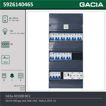 GACIA G63a-401000-BC2, 3-fase groepenkast 63A met aardlekautomaten, 10-groepen, beltrafo, 2V-contactdoos, technische gegevens