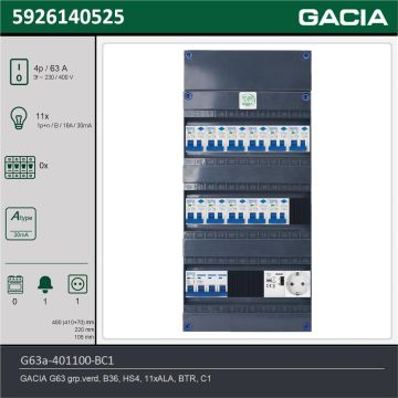 GACIA G63a-401100-BC1, 3-fase groepenkast 63A met aardlekautomaten, 11-groepen, beltrafo, 1V-contactdoos, technische gegevens