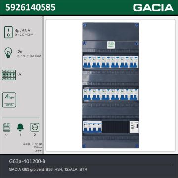 GACIA G63a-401200-B, 3-fase groepenkast 63A met aardlekautomaten, 12-groepen, beltrafo, technische gegevens