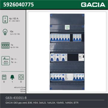 GACIA G63i-431011-B, 3-fase groepenkast 63A met installatieautomaten, 11-groepen, beltrafo, technische gegevens