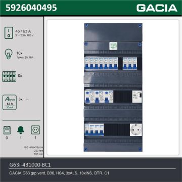 GACIA G63i-431000-BC1, 3-fase groepenkast 63A met installatieautomaten, 10-groepen, beltrafo, 1V-contactdoos, technische gegevens