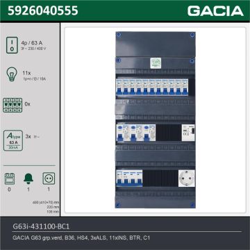 GACIA G63i-431100-BC1, 3-fase groepenkast 63A met installatieautomaten, 11-groepen, beltrafo, 1V-contactdoos, technische gegevens