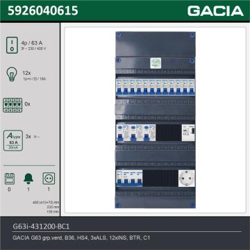 GACIA G63i-431200-BC1, 3-fase groepenkast 63A met installatieautomaten, 12-groepen, beltrafo, 1V-contactdoos, technische gegevens