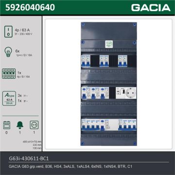 GACIA G63i-430611-BC1, 3-fase groepenkast 63A met installatieautomaten, 7-groepen, beltrafo, 1V-contactdoos, technische gegevens