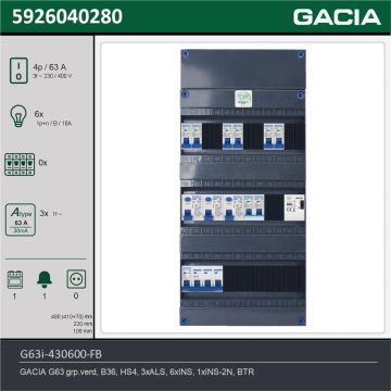 GACIA G63i-430600-FB, 3-fase groepenkast 63A met installatieautomaten, 7-groepen, fornuisgroep, beltrafo, technische gegevens