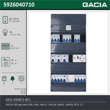 GACIA G63i-430811-BC1, 3-fase groepenkast 63A met installatieautomaten, 9-groepen, beltrafo, 1V-contactdoos, technische gegevens