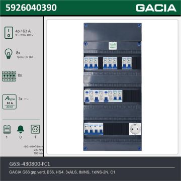 GACIA G63i-430800-FC1, 3-fase groepenkast 63A met installatieautomaten, 9-groepen, fornuisgroep, 1V-contactdoos, technische gegevens