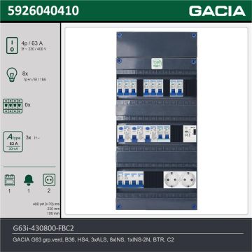 GACIA G63i-430800-FBC2, 3-fase groepenkast 63A met installatieautomaten, 9-groepen, fornuisgroep, beltrafo, 2V-contactdoos, technische gegevens