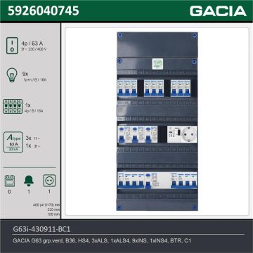 GACIA G63i-430911-BC1, 3-fase groepenkast 63A met installatieautomaten, 10-groepen, beltrafo, 1V-contactdoos, technische gegevens