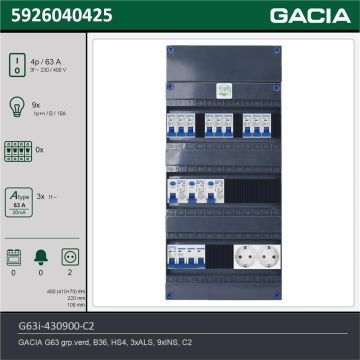 GACIA G63i-430900-C2, 3-fase groepenkast 63A met installatieautomaten, 9-groepen, 2V-contactdoos, technische gegevens