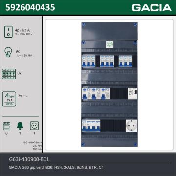 GACIA G63i-430900-BC1, 3-fase groepenkast 63A met installatieautomaten, 9-groepen, beltrafo, 1V-contactdoos, technische gegevens