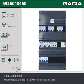 GACIA G63i-430900-FB, 3-fase groepenkast 63A met installatieautomaten, 10-groepen, fornuisgroep, beltrafo, technische gegevens