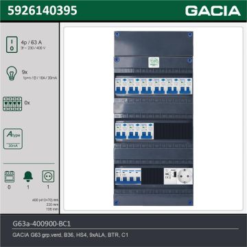 GACIA G63a-400900-BC1, 3-fase groepenkast 63A met aardlekautomaten, 9-groepen, beltrafo, 1V-contactdoos, technische gegevens