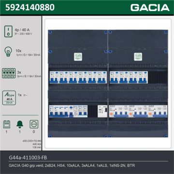 GACIA G44a-411003-FB, 3-fase groepenkast 40A met aardlekautomaten, 14-groepen, fornuisgroep, beltrafo, technische gegevens