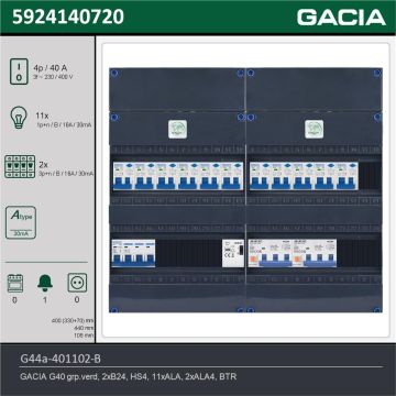 GACIA G44a-401102-B, 3-fase groepenkast 40A met aardlekautomaten, 13-groepen, beltrafo, technische gegevens