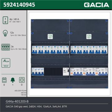 GACIA G44a-401203-B, 3-fase groepenkast 40A met aardlekautomaten, 15-groepen, beltrafo, technische gegevens