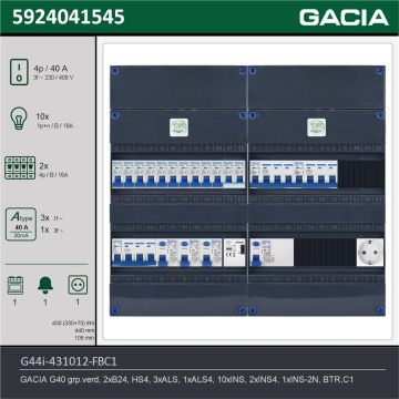 GACIA G44i-431012-FBC1, 3-fase groepenkast 40A met installatieautomaten, 13-groepen, fornuisgroep, beltrafo, 1V-contactdoos, technische gegevens