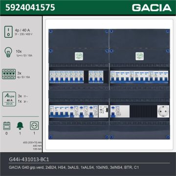 GACIA G44i-431013-BC1, 3-fase groepenkast 40A met installatieautomaten, 13-groepen, beltrafo, 1V-contactdoos, technische gegevens