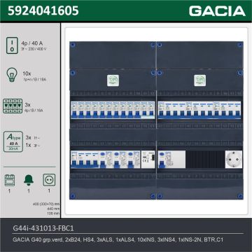 GACIA G44i-431013-FBC1, 3-fase groepenkast 40A met installatieautomaten, 14-groepen, fornuisgroep, beltrafo, 1V-contactdoos, technische gegevens