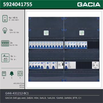 GACIA G44i-431212-BC1, 3-fase groepenkast 40A met installatieautomaten, 14-groepen, beltrafo, 1V-contactdoos, technische gegevens