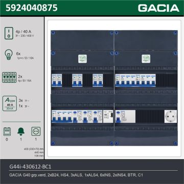GACIA G44i-430612-BC1, 3-fase groepenkast 40A met installatieautomaten, 8-groepen, beltrafo, 1V-contactdoos, technische gegevens