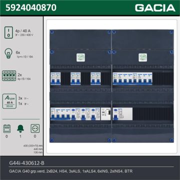 GACIA G44i-430612-B, 3-fase groepenkast 40A met installatieautomaten, 8-groepen, beltrafo, technische gegevens