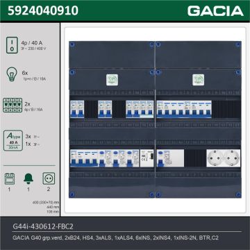GACIA G44i-430612-FBC2, 3-fase groepenkast 40A met installatieautomaten, 9-groepen, fornuisgroep, beltrafo, 2V-contactdoos, technische gegevens
