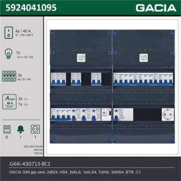GACIA G44i-430713-BC1, 3-fase groepenkast 40A met installatieautomaten, 10-groepen, beltrafo, 1V-contactdoos, technische gegevens