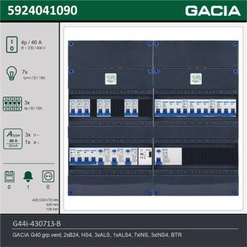 GACIA G44i-430713-B, 3-fase groepenkast 40A met installatieautomaten, 10-groepen, beltrafo, technische gegevens