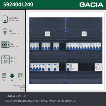 GACIA G44i-430813-C1, 3-fase groepenkast 40A met installatieautomaten, 11-groepen, 1V-contactdoos, technische gegevens