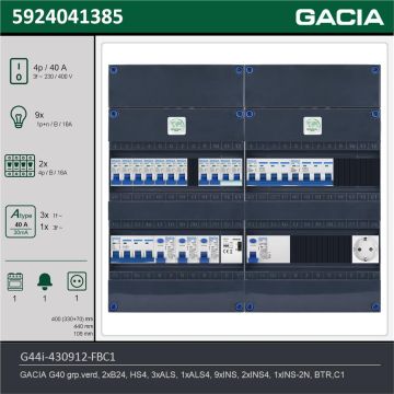 GACIA G44i-430912-FBC1, 3-fase groepenkast 40A met installatieautomaten, 12-groepen, fornuisgroep, beltrafo, 1V-contactdoos, technische gegevens