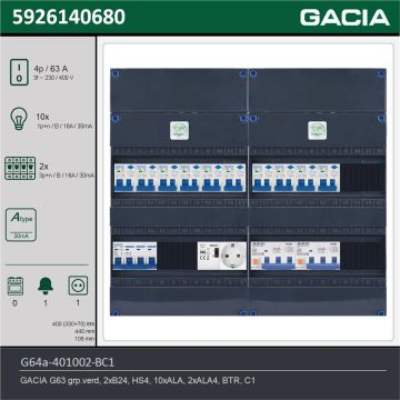 GACIA G64a-401002-BC1, 3-fase groepenkast 63A met aardlekautomaten, 12-groepen, beltrafo, 1V-contactdoos, technische gegevens