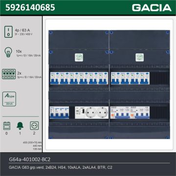 GACIA G64a-401002-BC2, 3-fase groepenkast 63A met aardlekautomaten, 12-groepen, beltrafo, 2V-contactdoos, technische gegevens