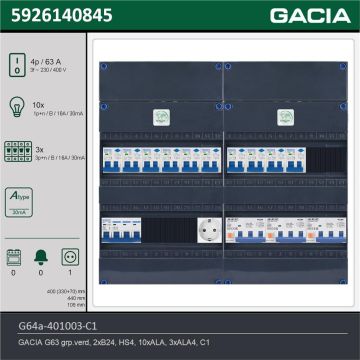 GACIA G64a-401003-C1, 3-fase groepenkast 63A met aardlekautomaten, 13-groepen, 1V-contactdoos, technische gegevens