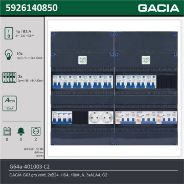 GACIA G64a-401003-C2, 3-fase groepenkast 63A met aardlekautomaten, 13-groepen, 2V-contactdoos, technische gegevens