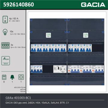 GACIA G64a-401003-BC1, 3-fase groepenkast 63A met aardlekautomaten, 13-groepen, beltrafo, 1V-contactdoos, technische gegevens
