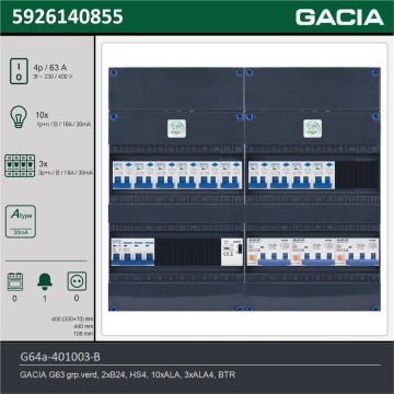 GACIA G64a-401003-B, 3-fase groepenkast 63A met aardlekautomaten, 13-groepen, beltrafo, technische gegevens