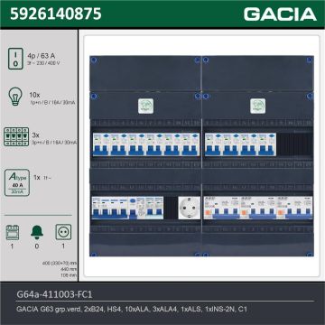 GACIA G64a-411003-FC1, 3-fase groepenkast 63A met aardlekautomaten, 14-groepen, fornuisgroep, 1V-contactdoos, technische gegevens
