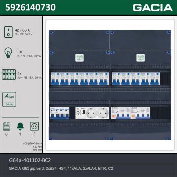 GACIA G64a-401102-BC2, 3-fase groepenkast 63A met aardlekautomaten, 13-groepen, beltrafo, 2V-contactdoos, technische gegevens