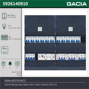 GACIA G64a-401103-BC2, 3-fase groepenkast 63A met aardlekautomaten, 14-groepen, beltrafo, 2V-contactdoos, technische gegevens