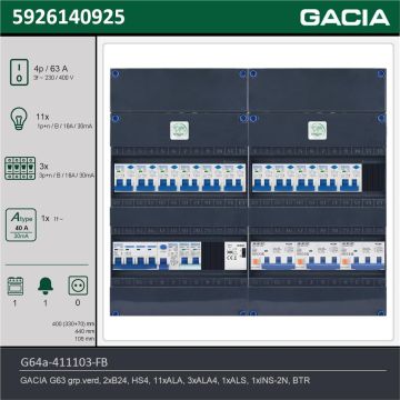 GACIA G64a-411103-FB, 3-fase groepenkast 63A met aardlekautomaten, 15-groepen, fornuisgroep, beltrafo, technische gegevens
