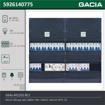 GACIA G64a-401202-BC2, 3-fase groepenkast 63A met aardlekautomaten, 14-groepen, beltrafo, 2V-contactdoos, technische gegevens