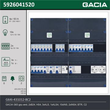 GACIA G64i-431012-BC2, 3-fase groepenkast 63A met installatieautomaten, 12-groepen, beltrafo, 2V-contactdoos, technische gegevens