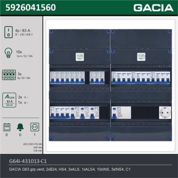 GACIA G64i-431013-C1, 3-fase groepenkast 63A met installatieautomaten, 13-groepen, 1V-contactdoos, technische gegevens