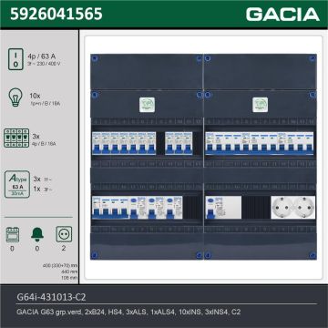 GACIA G64i-431013-C2, 3-fase groepenkast 63A met installatieautomaten, 13-groepen, 2V-contactdoos, technische gegevens