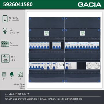 GACIA G64i-431013-BC2, 3-fase groepenkast 63A met installatieautomaten, 13-groepen, beltrafo, 2V-contactdoos, technische gegevens